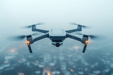 This image showcases a sleek, modern drone with a focus on its front-facing camera and illuminated details. It symbolizes technological advancement, aerial perspective, and the potential for capturing