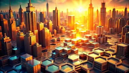 Obraz premium Vintage Futuristic Cityscape: Hexagonal Architecture at Sunset