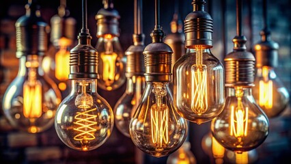 Vintage Incandescent Light Bulbs, Glowing in Dark, Decorative Antique Edison Bulbs, Retro Lighting Photography