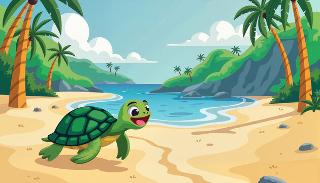 Giggling turtle exploring sandy beach on tropical island, World Turtle Day