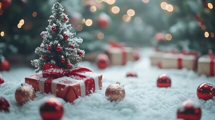 Obraz premium Festive christmas decor with snowy tree, red ornaments, and wrapped gifts