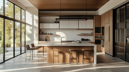 A contemporary kitchen interior showcases a luxury design with wood cabinets and ample light
