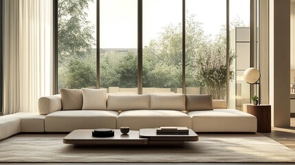 A contemporary living room showcases luxury design with a comfortable sofa, ample light from a large window, and modern furniture