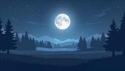 Naklejka premium Serene full moon illuminating open field at night, mystical ambiance