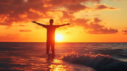 Silhouette of a young caucasian male embracing a vibrant ocean sunset