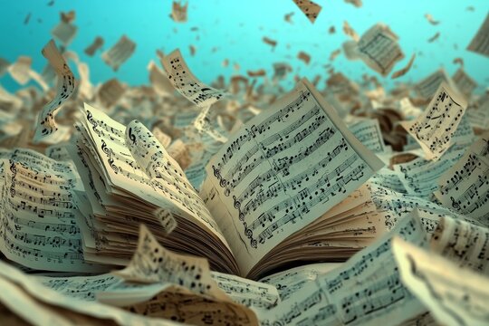 Against a soft blue sky, sheets of music and notes perform a whimsical, weightless dance, generating a symphony of stunning visuals