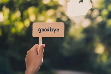 Hand holding goodbye sign against a blurred natural background during sunset
