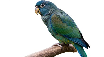 Obraz premium Vibrant Green Parrot Perched on Branch - A beautiful green parrot, isolated on a white background, symbolizes freedom, nature, beauty, exoticism, and serenity