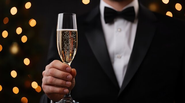 Capturing a moment of elegance, this image features a dapper man holding a flute filled with sparkling beverage, surrounded by a festive atmosphere adorned with lights.