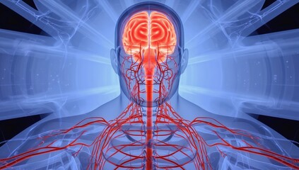 A detailed 3D medical illustration of the human brain and circulatory system, complex network of veins and arteries. This futuristic digital rendering represents neuroscience, anatomy, and healthcare.