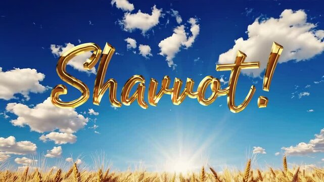 Golden festive "Shavuot!" typography over a sunny wheat field with blue sky and fluffy clouds