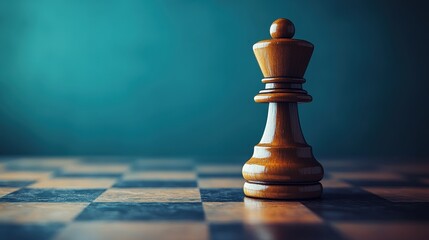 Wooden chess queen on board with teal background illuminated in soft light