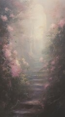 Fantasy fairy tale background with forest and blooming pink rose path painting backgrounds outdoors.