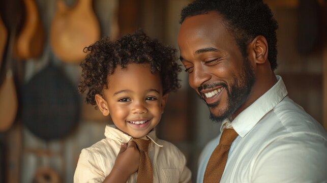 Father helps son with tie in rustic workshop
