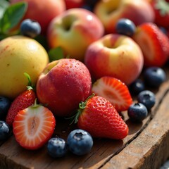 A close-up of juicy summer fruits like peaches, strawberries, and blueberries, covered in water droplets, placed on a rustic wooden surface in bright sunlight, symbolizing freshness and summer.