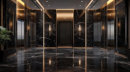 Modern elevator with stainless steel doors with elegant black marble walls inside a contemporary building