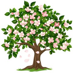 Obraz premium Cartoon tree with pink flowers blossoms leaf illustration.