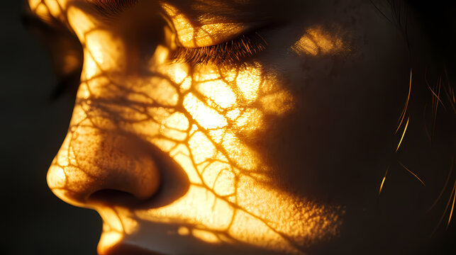 A close-up of a face with shadowy veins creeping across their cheeks, golden light pushing them back. Shadowy Veins. Illustration