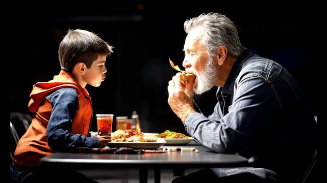 Bonding Over Bites: A grandfather and grandson share a meal together, a poignant moment of connection and generational interaction. The low-key lighting enhances the intimate setting.