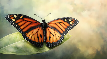 Fototapeta premium A delicate, orange-hued monarch butterfly perches on a soft, green leaf, its intricate wings showcasing vibrant veins and gentle, wispy edges against a serene background. Shadowy Veins. Illustration