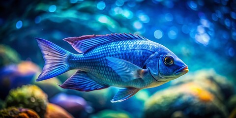 Fototapeta premium Vivid Blue Fish Underwater, Graceful Swim, Clear Water, Intricate Details, Smooth Texture