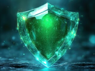 Glowing crystal shield, dark background, security concept, website banner