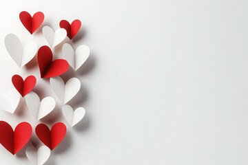 A romantic Valentine's Day composition with red and white 3D paper hearts floating gracefully on a pristine white background