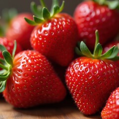 A close-up of freshly picked strawberries with vivid red color and small green leaves, placed on a rustic wooden surface, emphasizing freshness and organic quality.