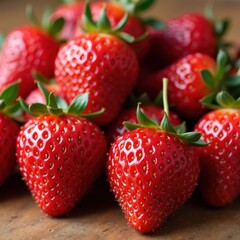 A close-up of freshly picked strawberries with vivid red color and small green leaves, placed on a rustic wooden surface, emphasizing freshness and organic quality.