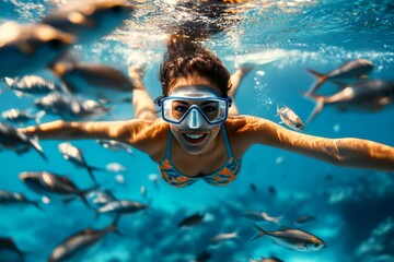 Naklejka premium Bright commercial style image. Stunning coral reef close-up. Coastal marine reserve visit. Water activity for tourists. Serene ocean escape. A dense school of silver fish swims next to her.