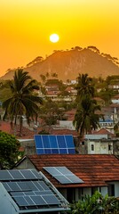 Fototapeta premium Sunset over African village with solar panels.