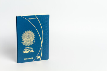 Brazilian passport on white background with copy space.	