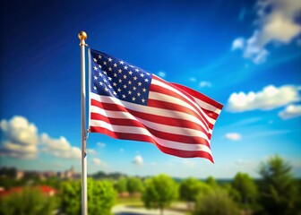Waving American Flag on Blue Background - Patriotic Stock Photo with Copy Space