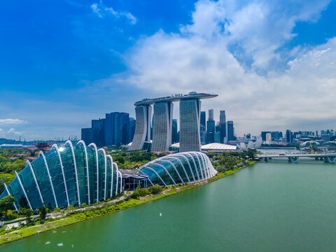 03 16 2025 - Singapore skyline. Marina bay, Gardens by the bay, Flower dome and Cloud forest, skyscrapers. City center landscape. Aerial drone view