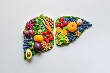 Healthy Liver Shape From Fruit and Vegetables Flat Lay Background, World Liver Day Food Is Medicine Concept 