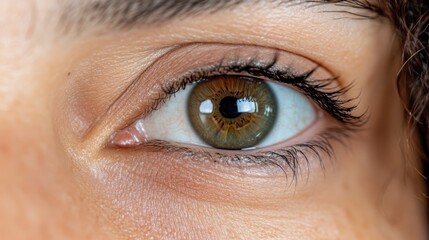 Obraz premium A person's eye, captured in soft natural light, reveals intricate detail of the iris, evoking a sense of mystery and depth in their gaze.