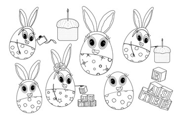 Cute Easter coloring page with set bunny-themed eggs, festive Easter cake, and Easter blocks. Perfect for kids activities, crafts, and holiday fun.