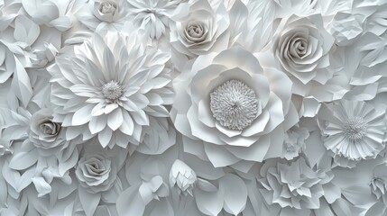 White flowers and paper shapes come together to form a minimalist art piece