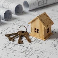 Wooden house model and keys on architectural plans background, real estate and planning concept