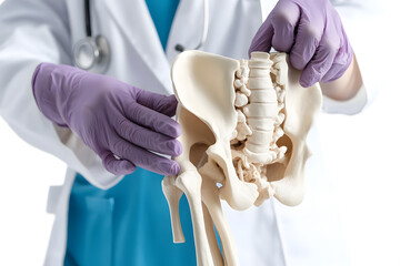 "Doctor Holding an Anatomical Pelvic Model for Medical Study