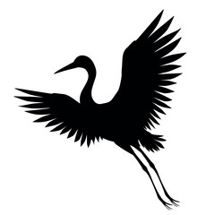 Silhouette or shadow black ink symbol of a crane bird or heron flying icon. Stork outline cutting template or creative background vector illustration isolated on white.