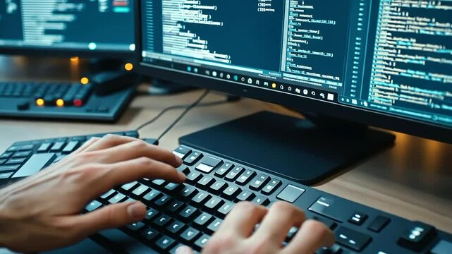 A close-up of hands typing on a mechanical keyboard, with multiple monitors showing lines of code and a debugging window.