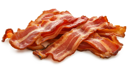 A pile of bacon strips on a white background. The bacon is crispy and golden brown. Concept of indulgence and satisfaction, as bacon is often associated with comfort food and hearty meals