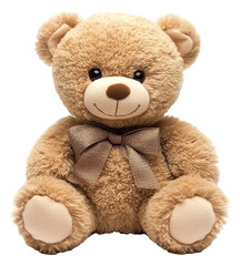 Obraz premium Brown teddy bear sitting. Plush toy with bow tie. Stuffed animal isolated on transparent background. Soft cuddly bear png.