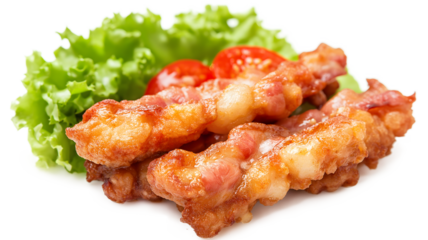 Three bacon strips are on a plate with lettuce and tomato. The bacon is crispy and golden brown, and the lettuce and tomato add a fresh, healthy touch to the dish