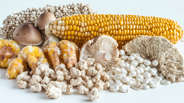 In this picture, ripe and moldy corn kernel piles are compared on a white background, with aflatoxin - aspergillus flavus and aspergillus parasiticus in contrast. Fungal Labyrinth. Illustration