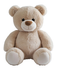 Teddy bear sitting, plush toy. Beige stuffed animal, isolated image, transparent, png. Soft toy for kids. Cuddly bear sitting pose.
