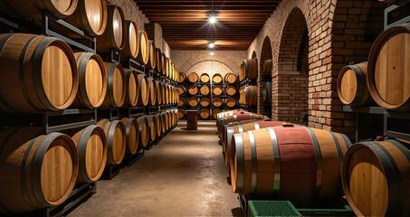 Italy Traditional Winery – Aging Oak Barrels in a Rustic Wine Cellar for Authentic Vineyard Craftsmanship and Premium Wine Production