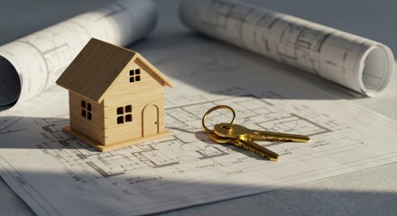 Wooden house model and keys on architectural plans background, real estate and planning concept