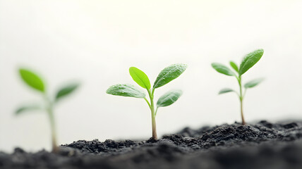 Naklejka premium Three tiny green plants are sprouting from the ground, each one barely visible. The dirt is dark and rich, providing the perfect environment for the plants to grow. The plants are small and delicate